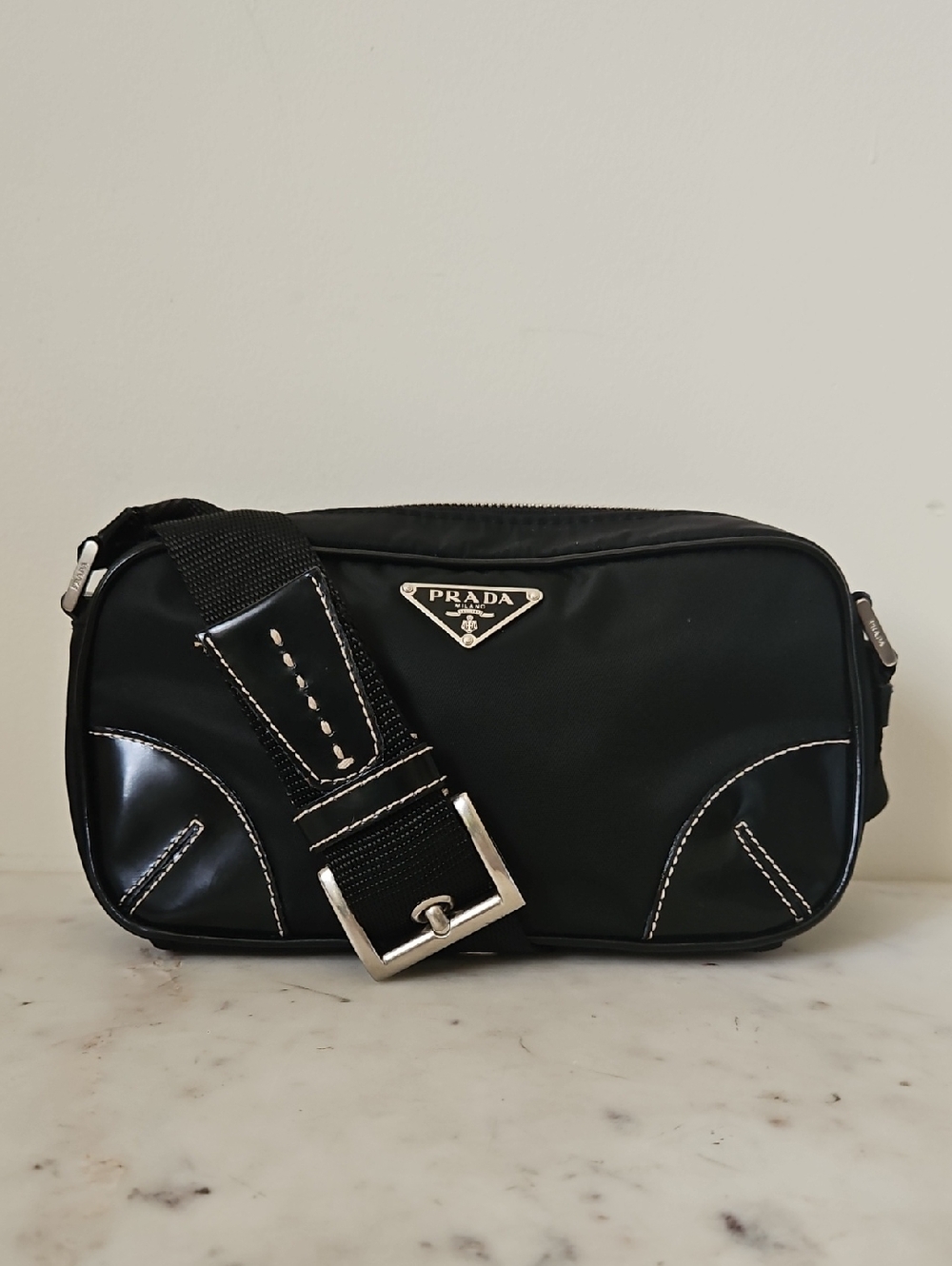 PRADA: Black Nylon Leather Trim Wide Logo Strap Shoulder Bag